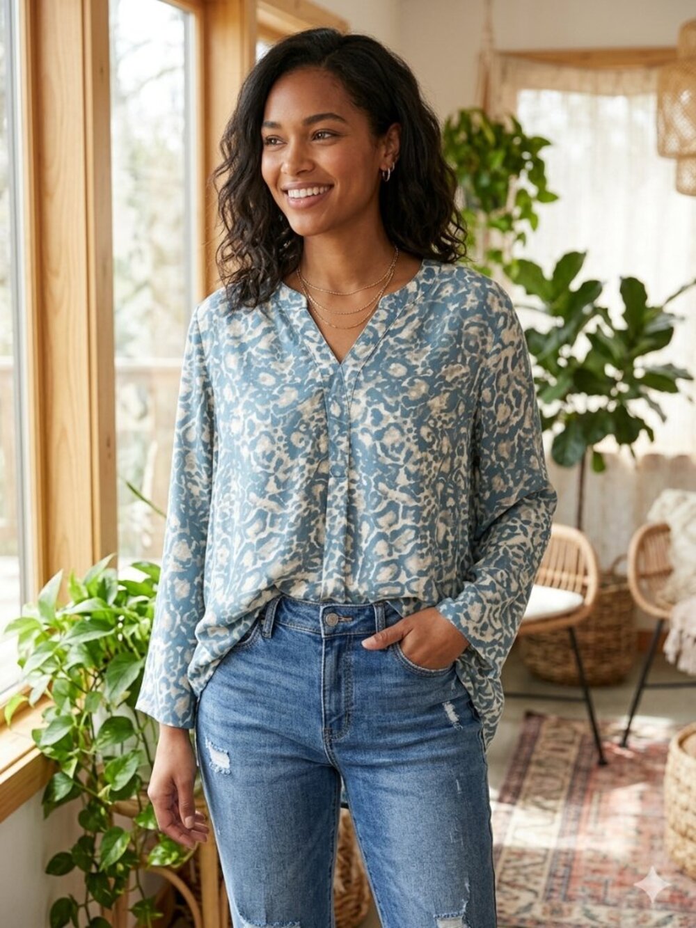 MULTIPLES V-Neck Animal Print Blue & Cream-Colored Blouse